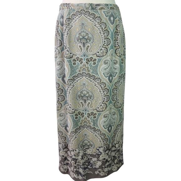 Talbots Gray Tan Green Paisley Vintage Silk Wrap Style Maxi Skirt 18 W P - Picture 1 of 4